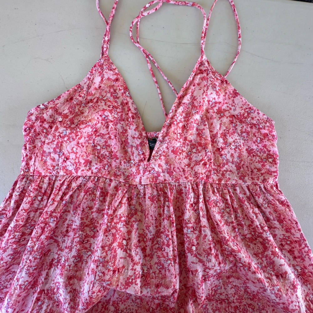 ZARA WOMENS FLORAL SUMMER V NECK BACKLESS DRESS IN PINK SIZE: LARGE 100% COTTON - Picture 12 of 13